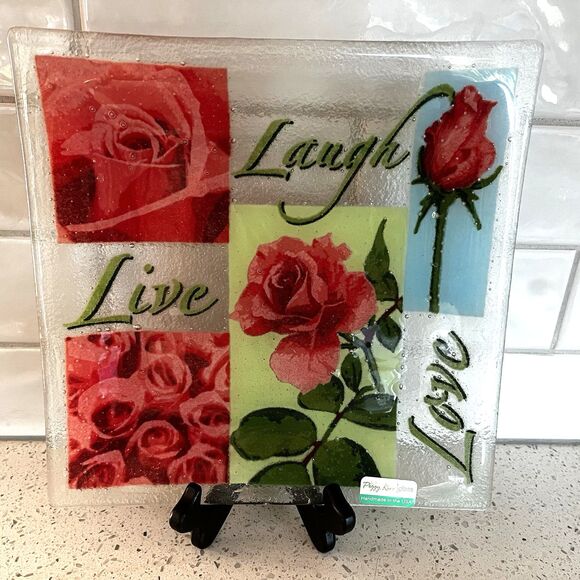 Peggy Karr 10" Square Plate Platter Live Love Laugh Rose Fused Art Glass RARE - Picture 1 of 5